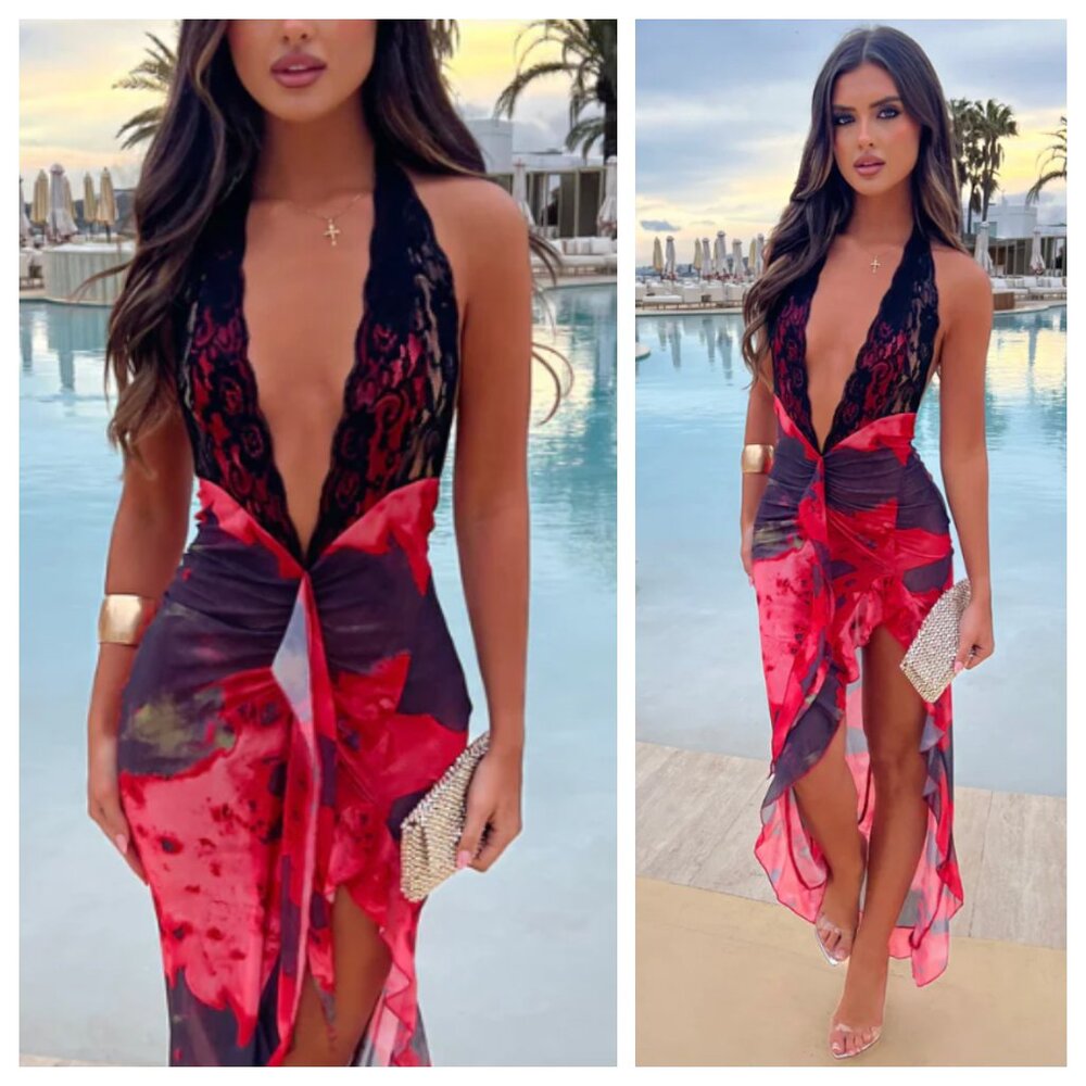 Sorelle Randall Black Lace Plunge Red Print Ruched Sheer Halter Maxi Dress